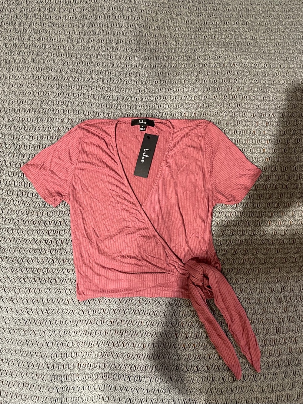 Lulu's Rose Pink Ribbed Wrap Tie-Front Crop Top